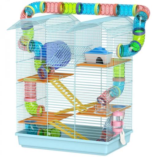 Jaula para Hámster de Múltiples Niveles con Tubos Plataformas Comedero Bebedero Casita Rueda Escaleras 47x30x59 cm Azul [8]