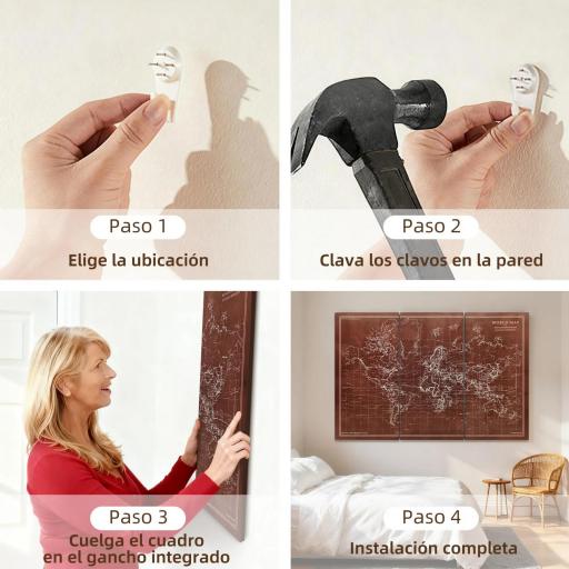 Cuadros en Lienzo Trípticos Mapamundi Vintage a Mano 120x60 cm con Marco de Madera Decoración para Dormitorio Marrón [4]