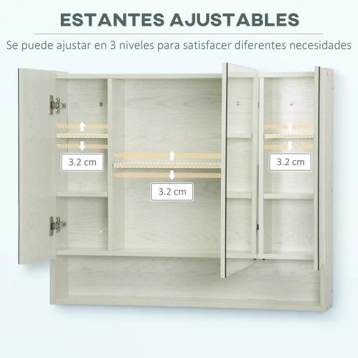 Armario de Baño con Espejo 3 Puertas Estante Ajustable y Compartimento 90x15x75 cm Blanco [5]
