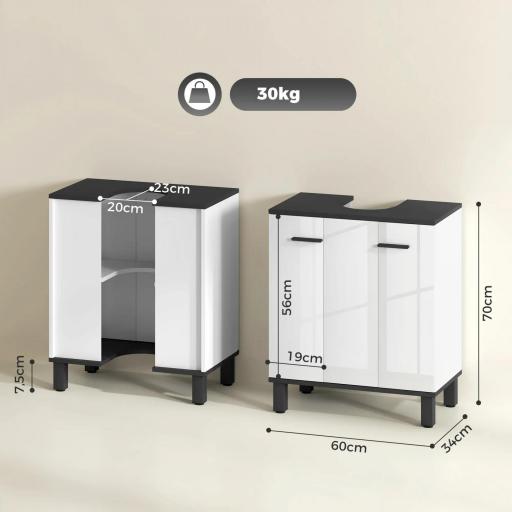 Mueble Bajo Lavabo con 2 Puertas y Estante Ajustable para Lavabo con o sin Pedestal 60x34x70 cm Blanco Brillo [1]