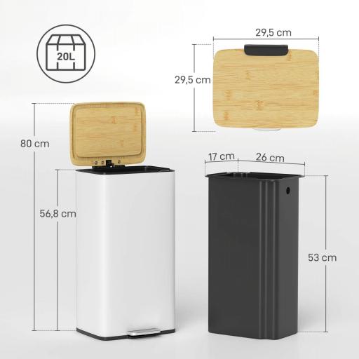 Cubo de Basura Cocina con Pedal 20L Tapa Cierre Suave Cubo Interior Extraíble 29,5x29,5x56,8 cm Blanco y Natural [1]