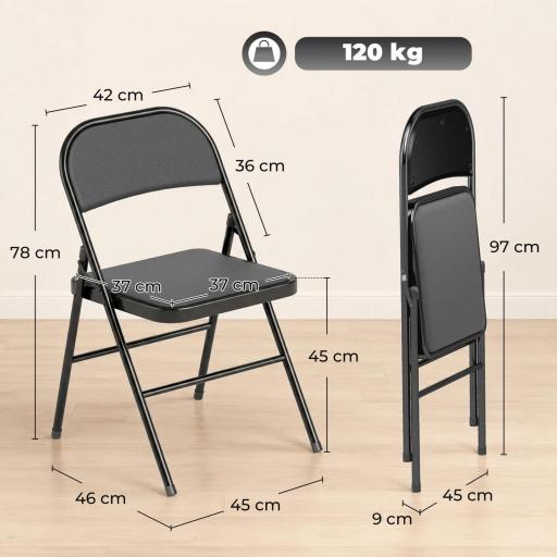 Juego de 4 Sillas Plegables Acolchadas con Respaldo y Estructura de Acero para Salón Comedor Cocina 45x46x78 cm Negro [7]