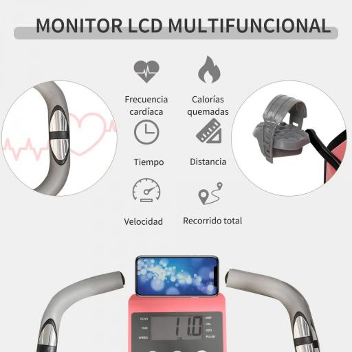 Bicicleta Estática Plegable 3 en 1 con Respaldo y 8 Niveles Resistencia Magnética, Bicicleta Estática para Casa Ajustable con Monitor LCD Volante Banda Sensor de Pulso Soporte de Teléfono Rosa [4]