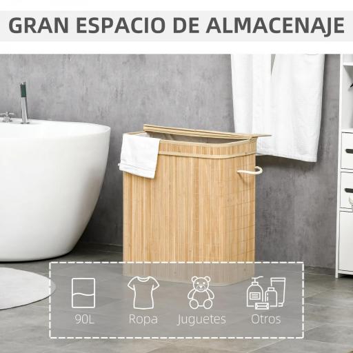 Cesto de Ropa Sucia 90 L de Bambú con 2 Compartimentos Asas Bolsa Interior Extraíble 54,2x35,2x59,5 cm Natural [2]