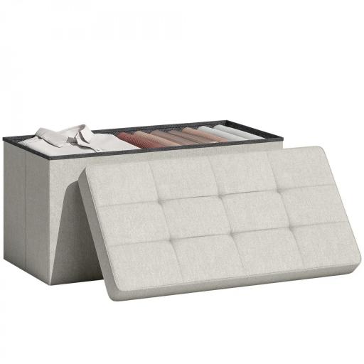 Puff Almacenaje, Banco Almacenaje Plegable 84 L 76x38x38 cm Tapizado en Lino Sintético Baúl de Almacenamiento Crema [6]