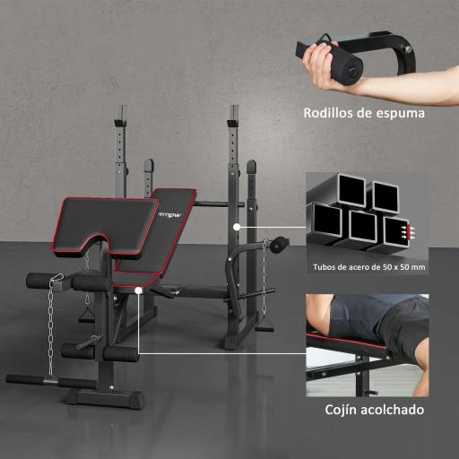 Banco de Pesas con Soportes para Barra y Respaldo Ajustable para Entrenamiento Completos de Cuerpo Negro [5]