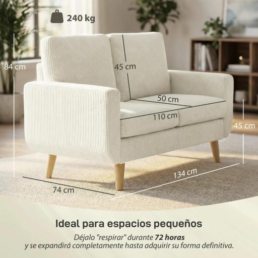 Sofá de 2 Plazas de Pana 134 cm con Patas de Madera Respaldo Grueso Sofá Moderno para Salón Dormitorio Crema [1]