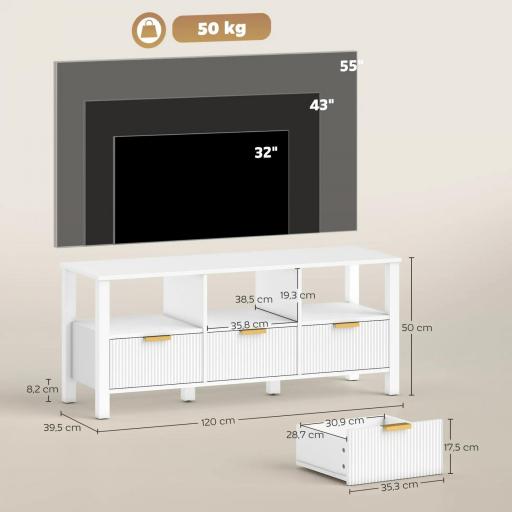 Mueble de TV Moderno con 3 Cajones y 3 Estantes Abiertos para Televisión 43-55 Pulgadas 120x39,5x50 cm Blanco [1]