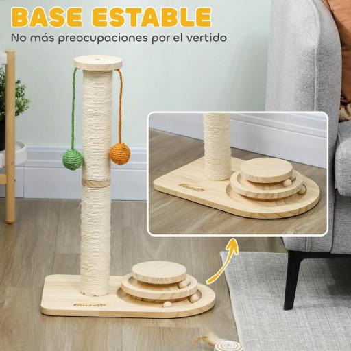 Poste Rascador para Gatos Altura 56,5 cm con 3 Bolas Colgantes Juguete de Pelota de Pista Madera Natural [3]
