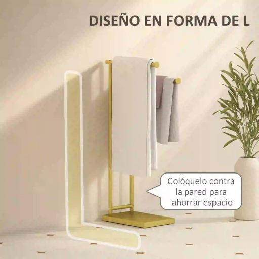 Toallero de Pie con 2 Barras y Marco Metálico Toallero de Baño Moderno en Forma de L 35,5x20x78 cm Dorado [5]