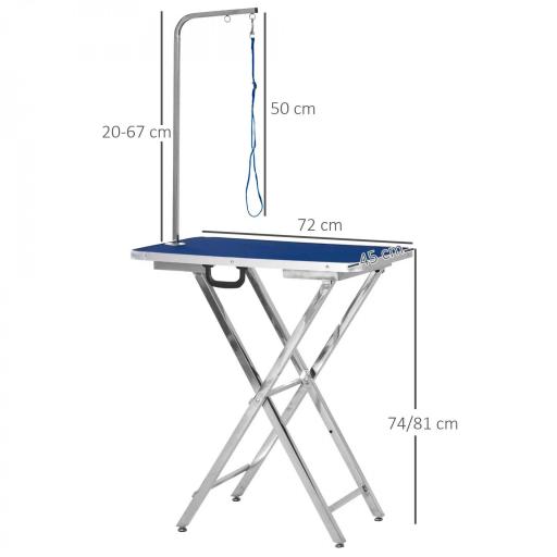 Mesa de Peluquería para Mascotas con Encimera Antideslizante Patas Plegables Asa y Brazo 72x45x74-81 cm Azul [1]