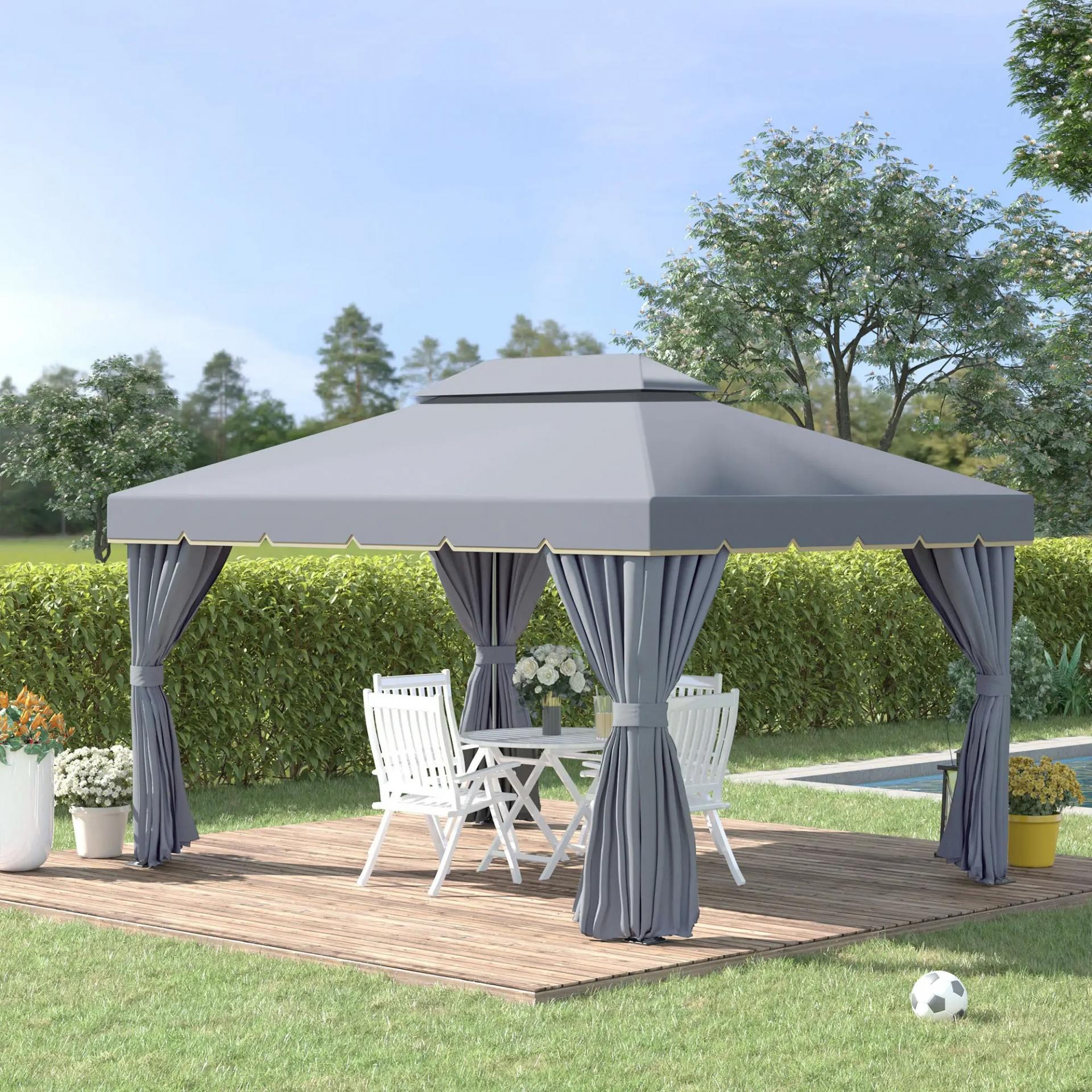 Cenador de Jardín 4x3m Pabellón de Jardín Gazebo con Doble Techo Estructura de Aluminio UPF50+ para Exterior Gris