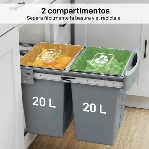 Cubo de Basura bajo Fregadero 2 Contenedores de Reciclaje Extraíble 2 x 20 L Deslizamiento Suave Gris [3]