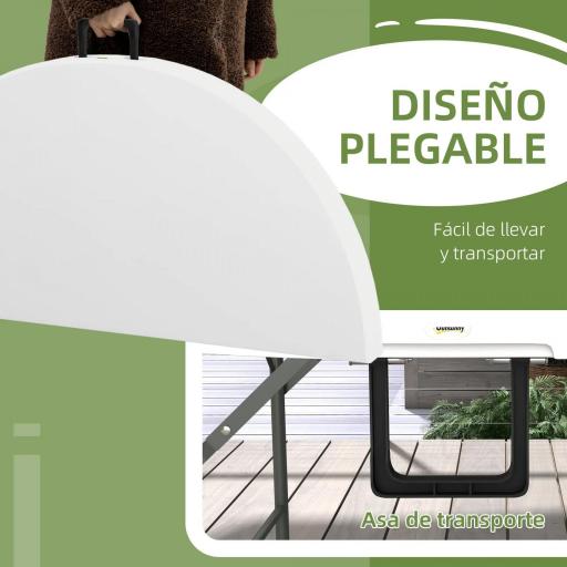 Mesa Auxiliar Redonda Mesa de Jardín Plegable con Marco de Acero y Encimera de HDPE Carga 80 kg Ø122x73 cm Blanco [6]