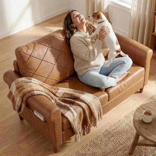 Sofá de 2 Plazas de PU con Patas de Madera Respaldo con Costuras Sofá Moderno para Salón Dormitorio Marrón [3]