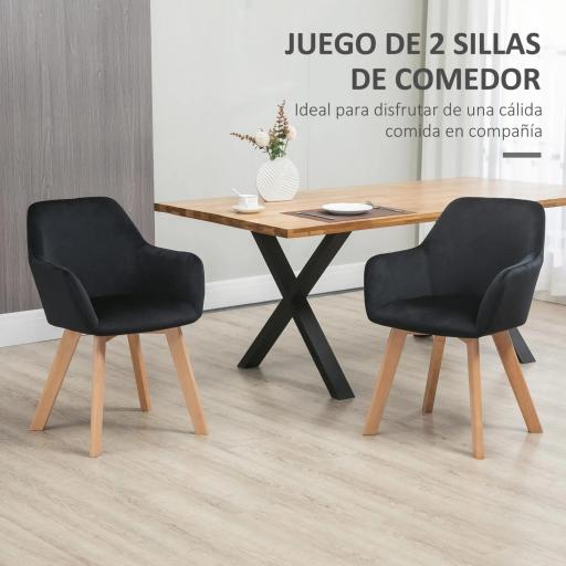 Juego de 2 Sillas de Comedor Modernas Tapizadas en Terciopelo con Patas de Madera para Salón 54x57x80 cm Negro [2]