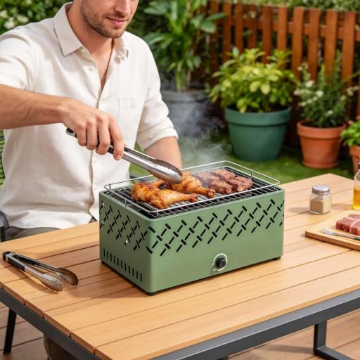 Barbacoa de Carbón 45,5x29x21 cm con Ventilador Integrado Temperatura Ajustable y Bandeja de Carbón Verde Claro [6]