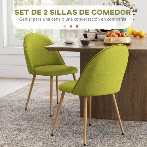 Pack de 2 Sillas de Comedor Sillas de Cocina Tapizadas de Tela de Lino con Patas de Acero Carga 120 kg 50x52x83 cm Verde [2]