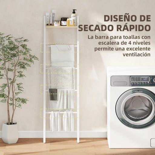 Toallero Escalera con Estante Superior y 4 Barras Toallero de Baño para Apoyar en Pared 43x20x151 cm Blanco y Roble [1]