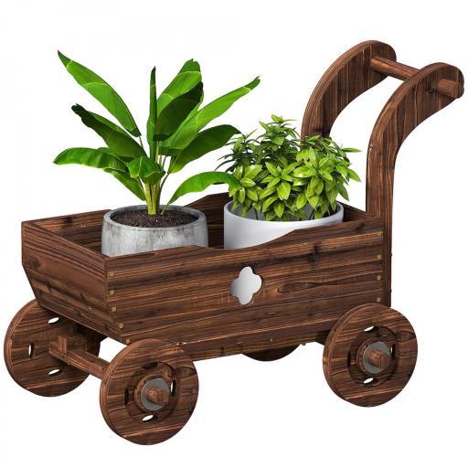 Carretilla de Madera Decorativa Jardinera Elevada con 4 Ruedas Asa Orificios de Drenaje 68x38x52 cm Carbonizado [9]