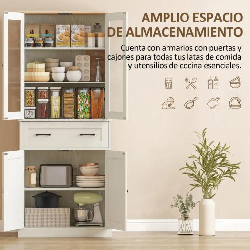 Mueble Auxiliar de Cocina con 2 Puertas de Acrílico Cajón Grande Estantes Ajustables 76x40x182,5 cm Crema [6]