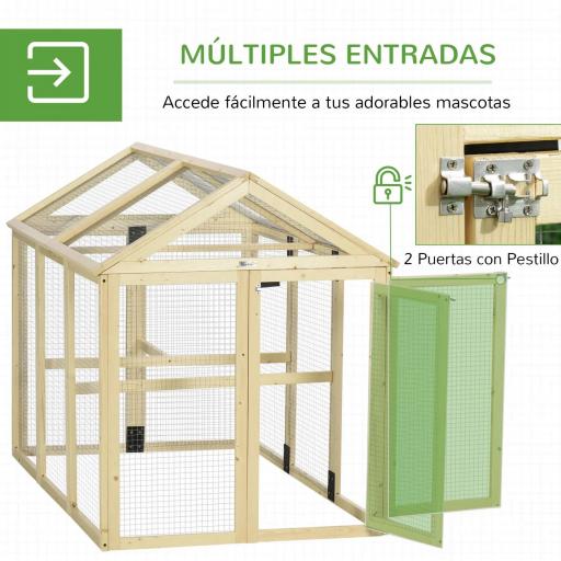 Gallinero para Exterior 140x88,5x106 cm con 3 Perchas Marco de Madera y 2 Puertas con Cierre Madera Natural [2]
