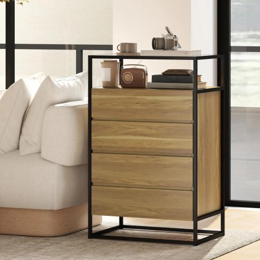 Cómoda Dormitorio con 4 Cajones Superficie de Vidrio Templado Estante Abierto Estructura de Acero 60x40x94,5 cm Teca [5]