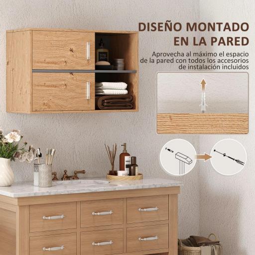 Armario de Baño de Pared con Compartimentos Abiertos y 2 Puertas Mueble de Baño Moderno 80x35x57,5 cm Natural [2]