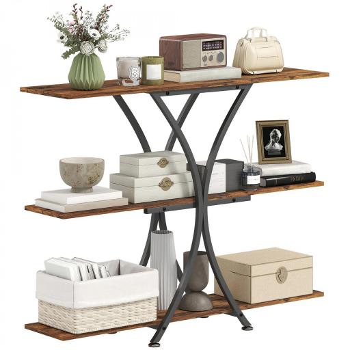 Mesa de Consola Mesa de Sofá con 2 Estantes Abiertos y Marco Metálico en X Estilo Industrial Marrón Rústico [9]