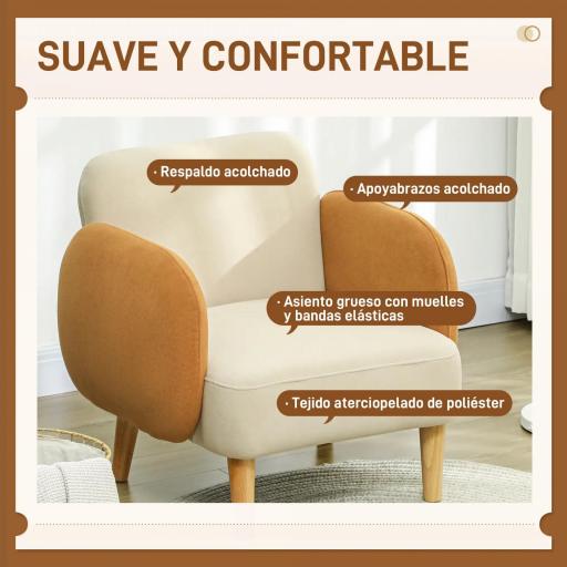 Butaca para Dormitorio con Reposabrazos y Patas de Madera Sofá Individual Carga 120 kg Beige y Ocre [4]