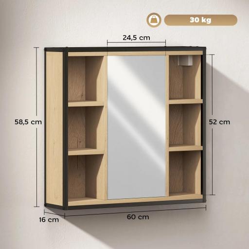 Armario de Baño con Espejo Estante Ajustable y 6 Compartimentos Abiertos 60x16x58,5 cm Roble [1]