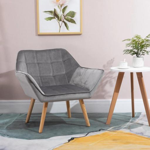 Butaca de Salón Moderna Tapizado en Terciopelo con Asiento Ancho Patas de Madera Sillón Relax para Sala de Estar Gris