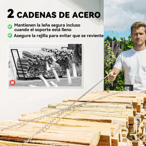 Leñero Exterior Metálico de Chimenea Soporte para Leña con Cubierta Impermeable y Cadenas de Acero 235x31x116 cm Negro [9]