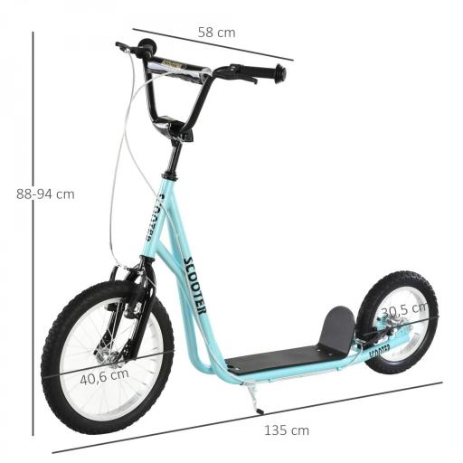 Scooter Patinete para Niños Mayores de 5 Años con 2 Neumáticos de Caucho Inflable con Doble Freno Manillar Ajustable en Altura Soporte 100 kg 135x58x88-94 cm Azul [1]
