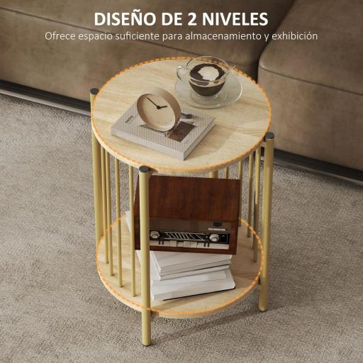Mesa Auxiliar Redonda de 2 Niveles con Estante de Almacenaje y Marco de Acero para Salón Dormitorio Ø41x49 cm Natural [3]