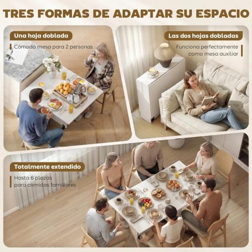 Mesa Plegable de Comedor con Ruedas Alas Abatibles y Estantes para 4-6 Personas 75x140x74 cm Blanco [2]
