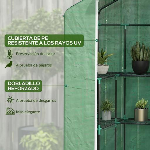 Invernadero con 1 Puerta 2 Ventanas y Estantes de 2 Niveles en Forma de U para Cultivo de Plantas 140x73x190 cm Verde [4]
