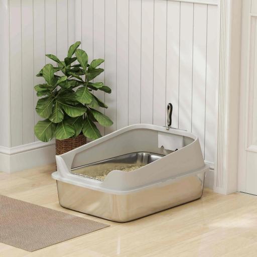 Arenero para Gatos de Acero Inoxidable XXL con Borde Alto Pala Fácil de Limpiar Prueba de Fugas 70x50x30 cm Gris [0]