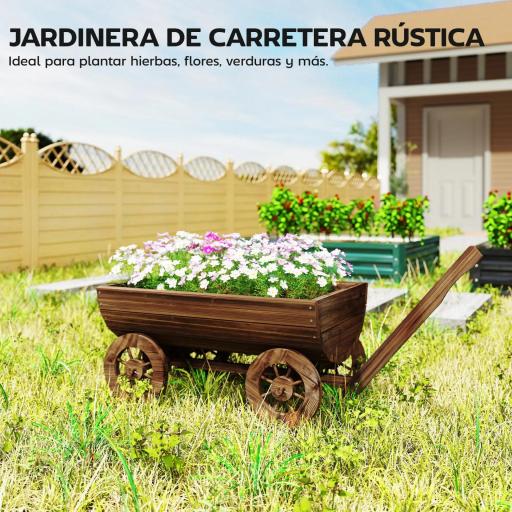 Carrito de Madera con 4 Ruedas y Mango Jardinera Exterior con Orificio de Drenaje 115x40x54,5 cm Carbonizado [4]
