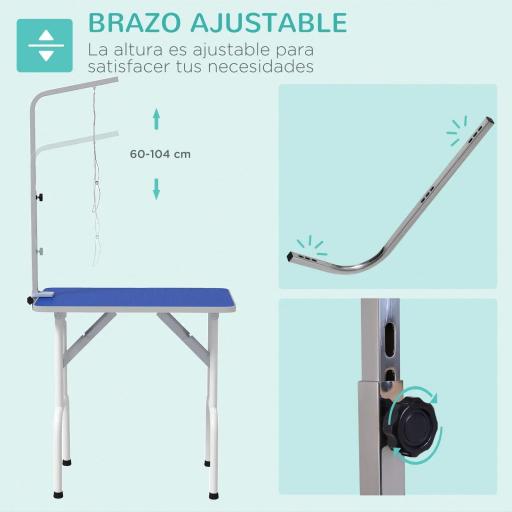 Mesa de Peluquería Canina Plegable con Encimera Antideslizante Brazo Ajustable 81x48,5x80 cm, Azul [2]