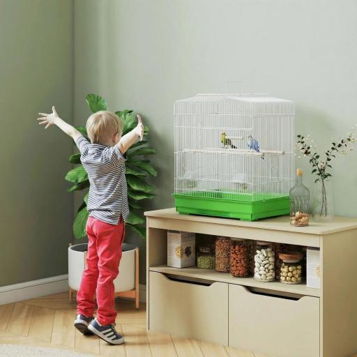 Jaula para Pájaros Pajarera de Acero con 2 Comederos 2 Perchas Columpio y Bandeja Extraíble Asa 46,5x36x59 cm Verde [6]