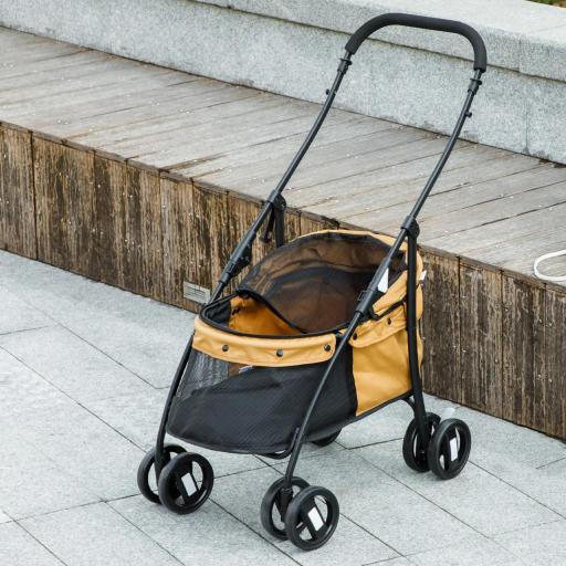 Cochecito para Perros Pequeños Plegable con Ventanas de Malla Cojín Lavable Correas de Seguridad y Marco de Acero Café [6]