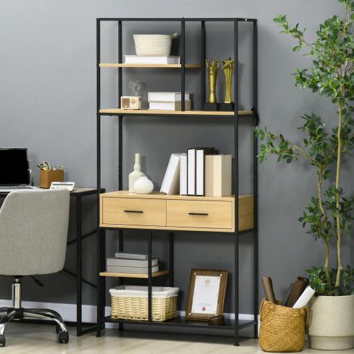 Estantería Estilo Industrial de 5 Niveles Mueble Estantes Almacenaje con 2 Cajones y Marco de Metal 80x30x170,5 cm Roble [0]