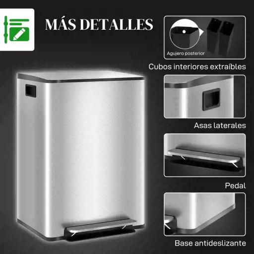 Cubo de Basura de Cocina con 2 Compartimentos 2x30L con Pedal Tapa de Cierre Suave y Cubo Extraíble Plata [5]