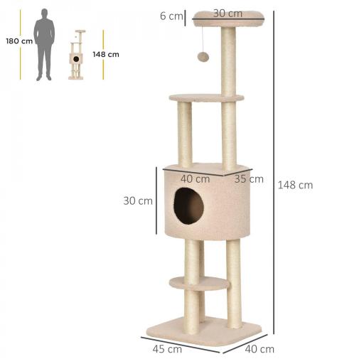 Árbol Rascador para Gatos Altura 148 cm Árbol para Gatos con Postes de Sisal Plataformas Casa y Bola Colgante Beige [1]