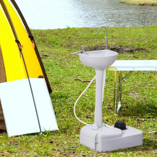 Lavamanos Portátil Estación de Lavado para Actividades al Aire Libre y Camping con Tanque de Agua de 17L Dispensador de Jabón Toallero y 2 Ruedas HDPE para Eventos, Reuniones Gris Claro