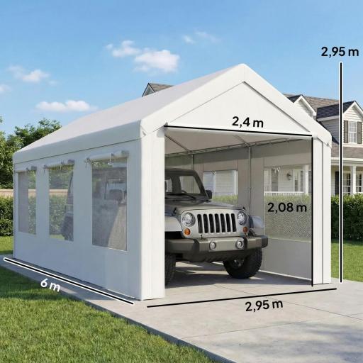 Garaje Exterior para Coche 3x6 m Impermeable de PE Resistente Marco de Acero Galvanizado Altura Ajustable Blanco [1]