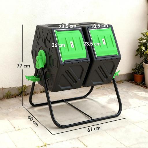 Compostador Giratorio 130L Contenedor Compostaje Doble Cámara Aberturas de Ventilación Patas de Acero 67x60x77 cm Negro [1]