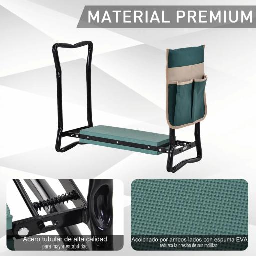 Taburete de Jardín Plegable con Bolsa para Herramientas Protección Cojín Rodillas Asiento de Jardín con Almohadilla Altura Ajustable Soporta un máximo 150kg Color Verde Negro [2]