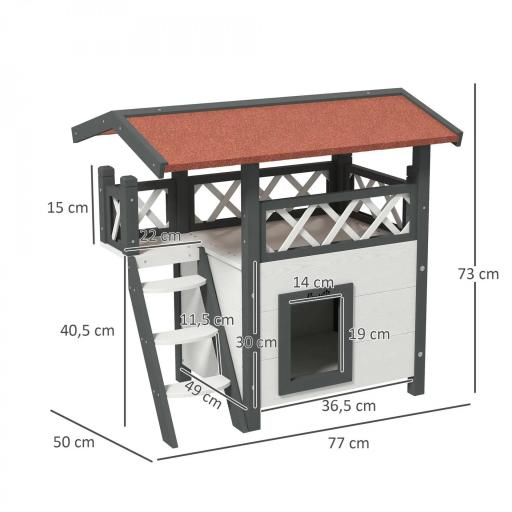 Caseta para Gatos de 2 Niveles 77x50x73 cm Refugio para Gatos con Techo Asfáltico Escalera y Balcón para Exterior Blanco [2]